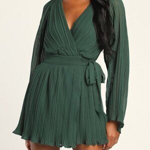 Lulus Embrace Your Beauty Dark Green Pleated Long Sleeve Skort Romper - Size M